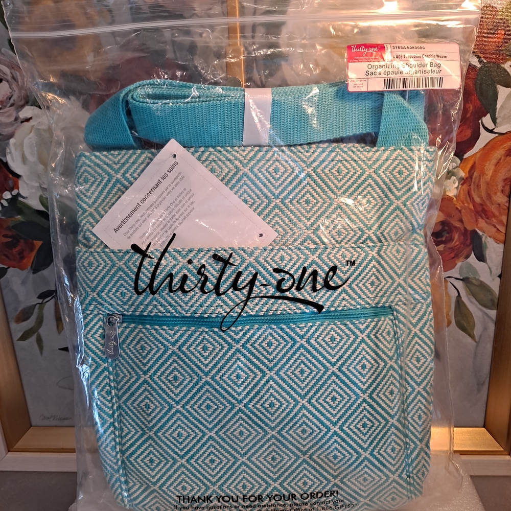 thirty-one Teal and White Diamond-Print Textile Graphic Organizer Shoulder Bag